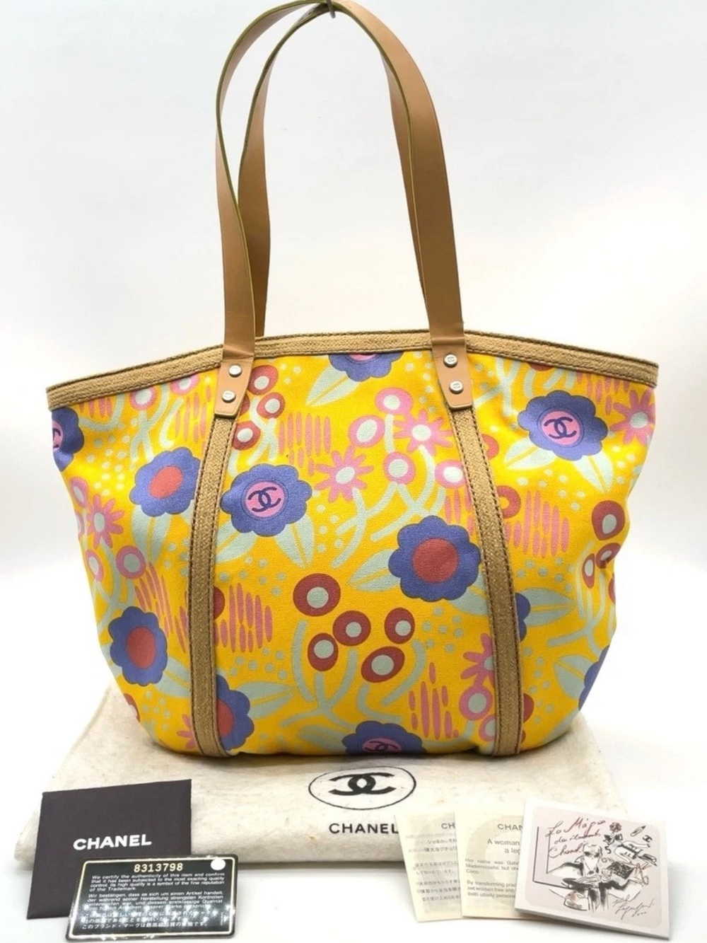 CHANEL Yellow Floral Canvas Tote with Tan Straps